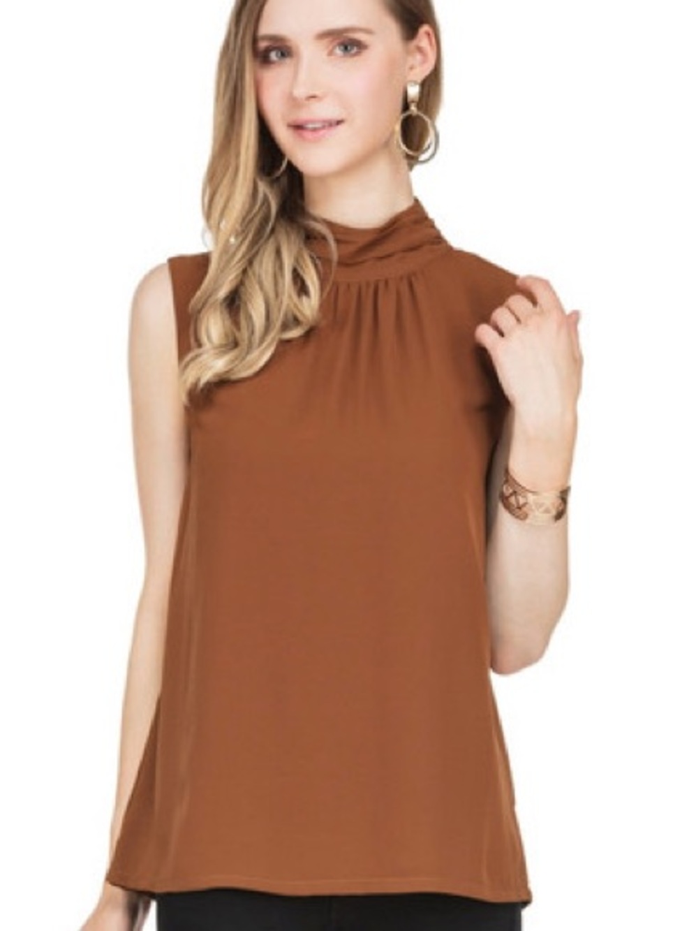 Jade Sleeveless Mock Neck Top in Rust Brown